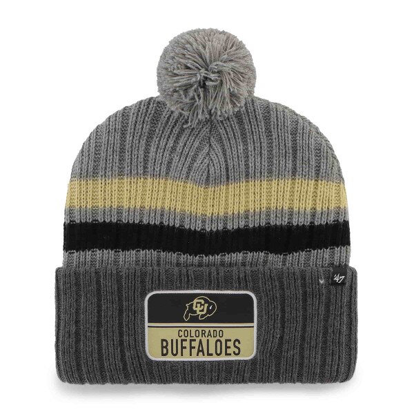 Gray cuffed beanie with pom, gold and black stripes, and a front patch featuring the CU Buffaloes logo and "Colorado Buffaloes" text.